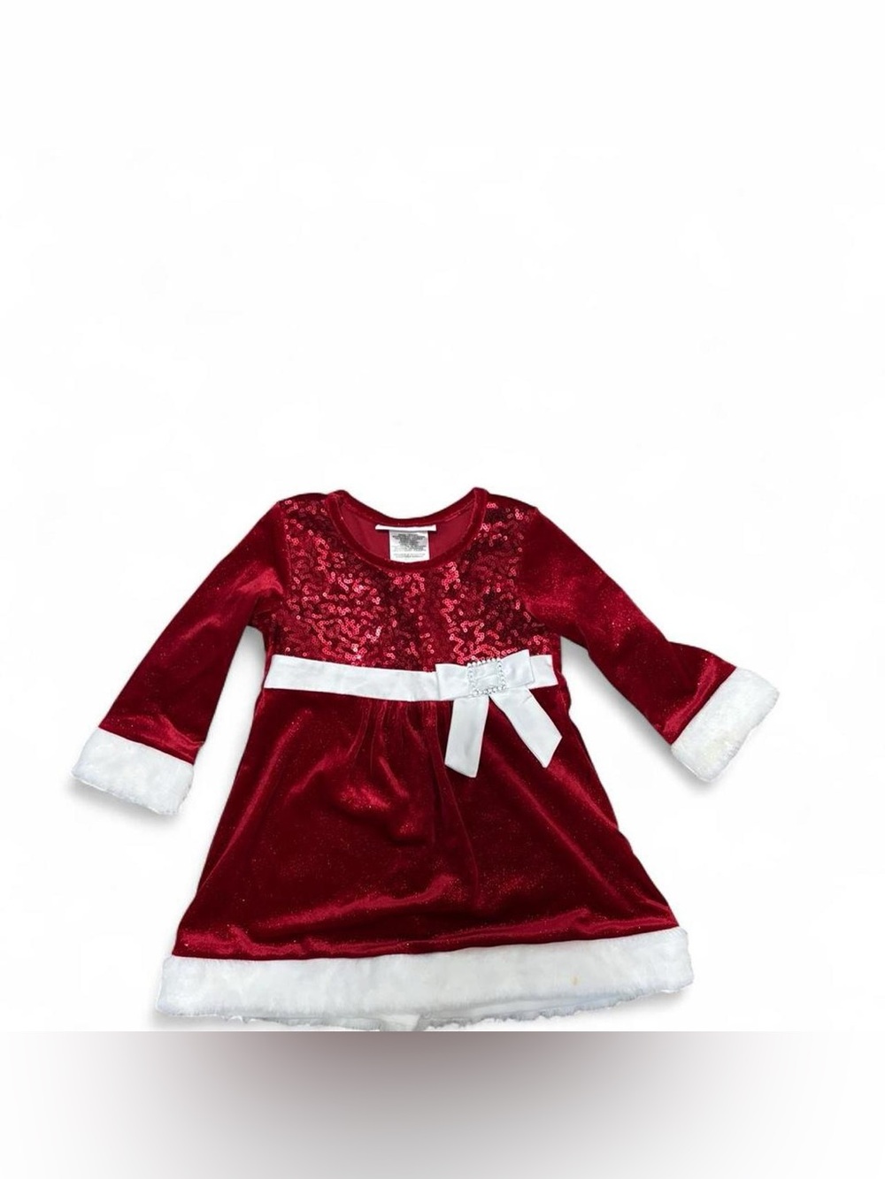 ✨Red velvet kids dress with white trim and sequin detail✨
